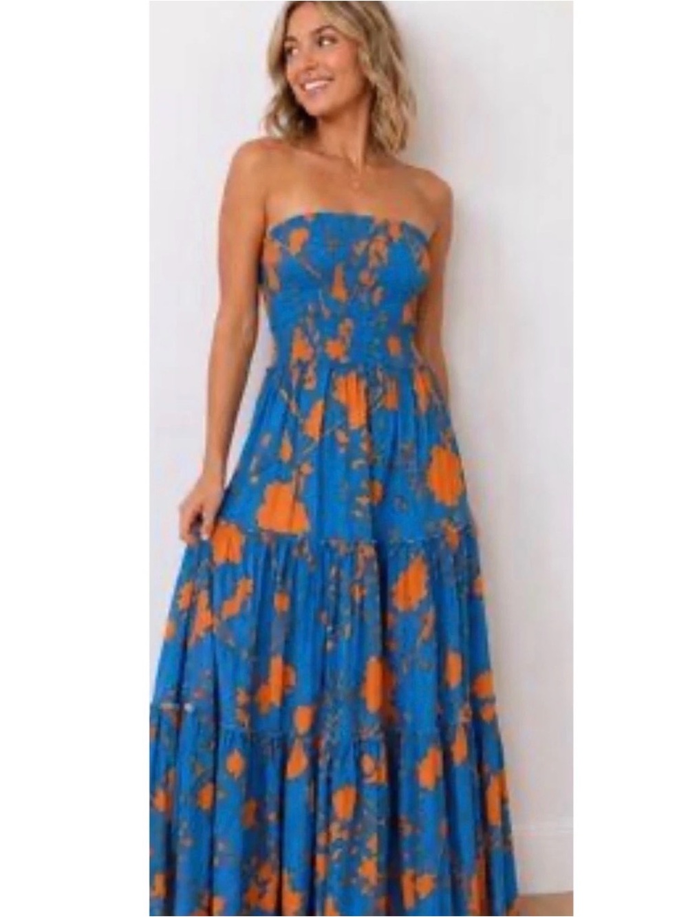 Smocked Strapless Blue Floral Maxi Dress with Orange Accents
